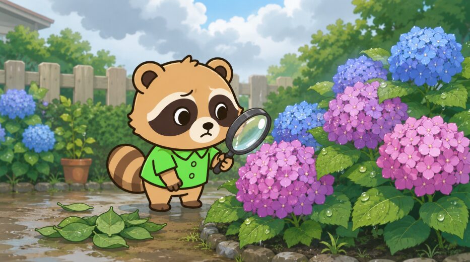 庭先で緑のシャツを着たかわいいたぬきが虫眼鏡を持ち、色が変わる紫陽花を困った表情で確認しているイラスト