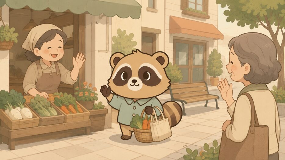 50代女性が地域でゆるいつながりを持つたぬきイラスト