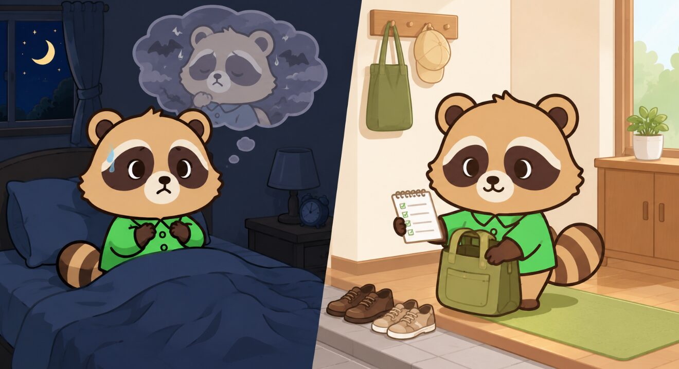 左に不安な夜の寝室、右に朝の玄関で持ち物を確認するたぬきを描いた比較イラスト