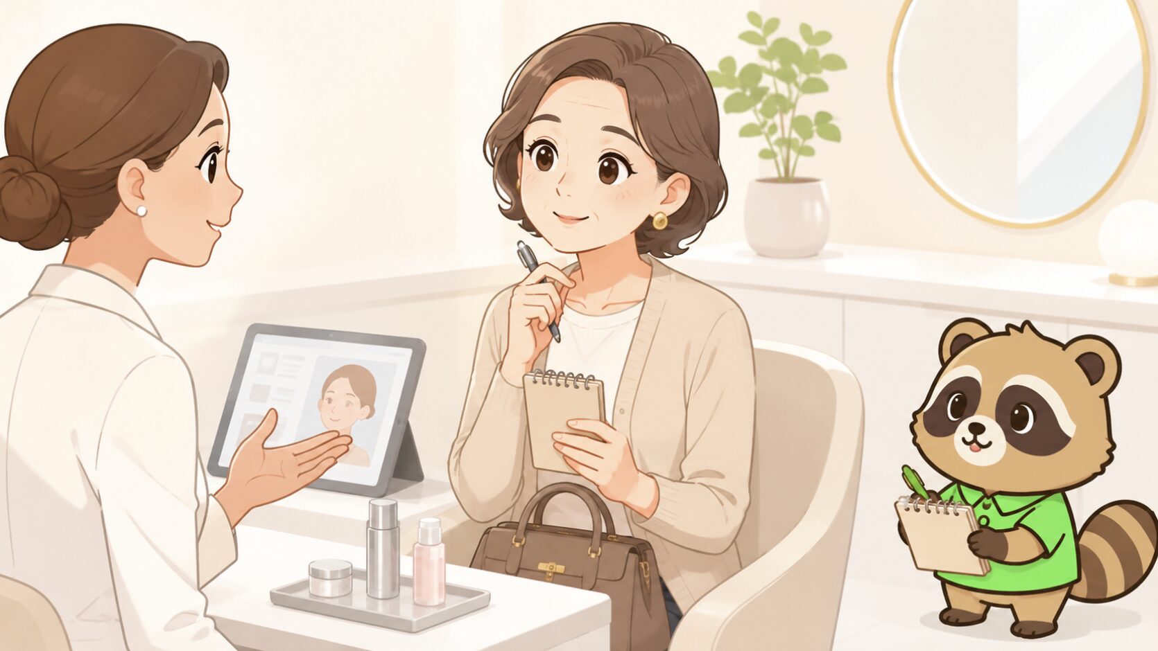 50代女性が美容医療の相談を受けながら上質ブランドを無理なく取り入れる方法を確認しているイラスト