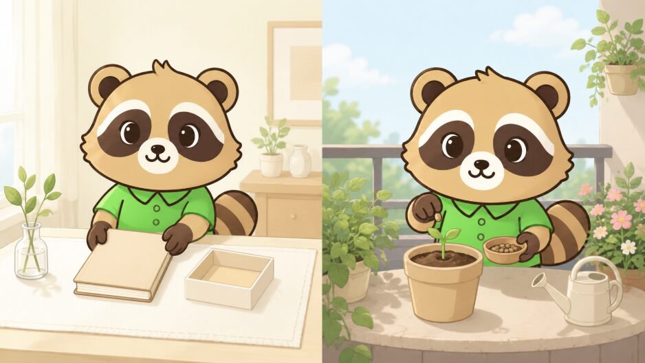 たぬきキャラクターが左側で新しい準備をし、右側で鉢に種をまいて天赦日と一粒万倍日を比べているイラスト