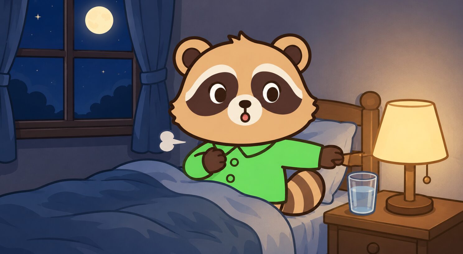 夜の寝室で、緑のシャツを着たたぬきが胸に手を当てながら、枕元の夢日記を指差しているイラスト