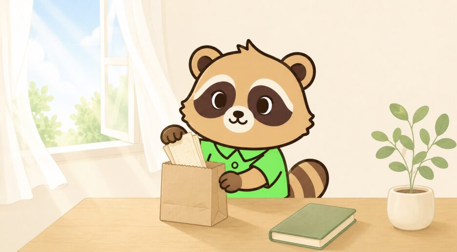 たぬきキャラクターが朝の光が入る部屋で古い紙を手放し、新しいノートを用意しているイラスト