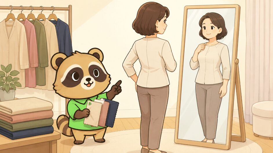 40代女性が試着室で姿勢を整え、緑のシャツを着たたぬきが布地サンプルを持って素材選びを説明しているイラスト