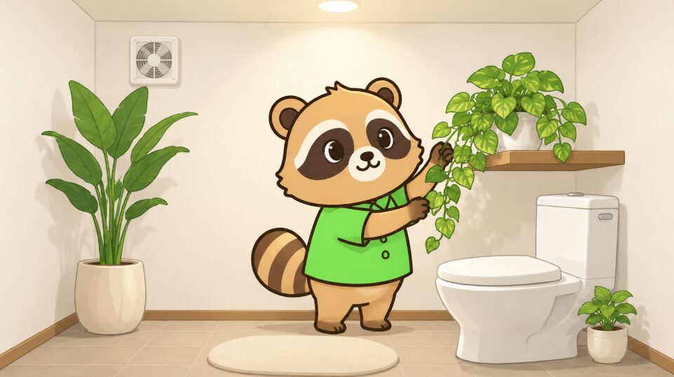 窓のないトイレで、緑のシャツを着たたぬきが壁棚に置いたポトスのつるを整えているイラスト