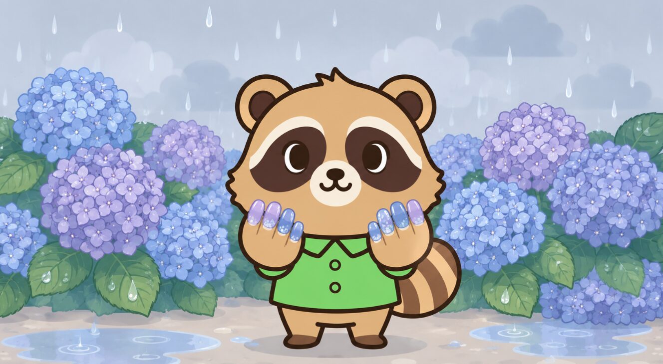 雨に濡れた紫陽花の前で、緑のシャツを着たたぬきがくすみブルーとラベンダーの紫陽花風ネイルを両手で見せているイラスト