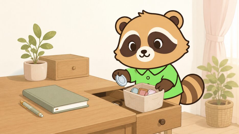 たぬきキャラクターが机の引き出しを整理しながら、本とペンを用意して新しい行動を始めているイラスト