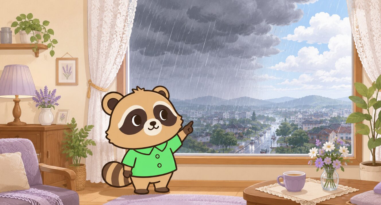 雨の窓辺の室内で、緑のシャツを着たたぬきが空を指さし、梅雨前線による長雨の仕組みを説明しているイラスト