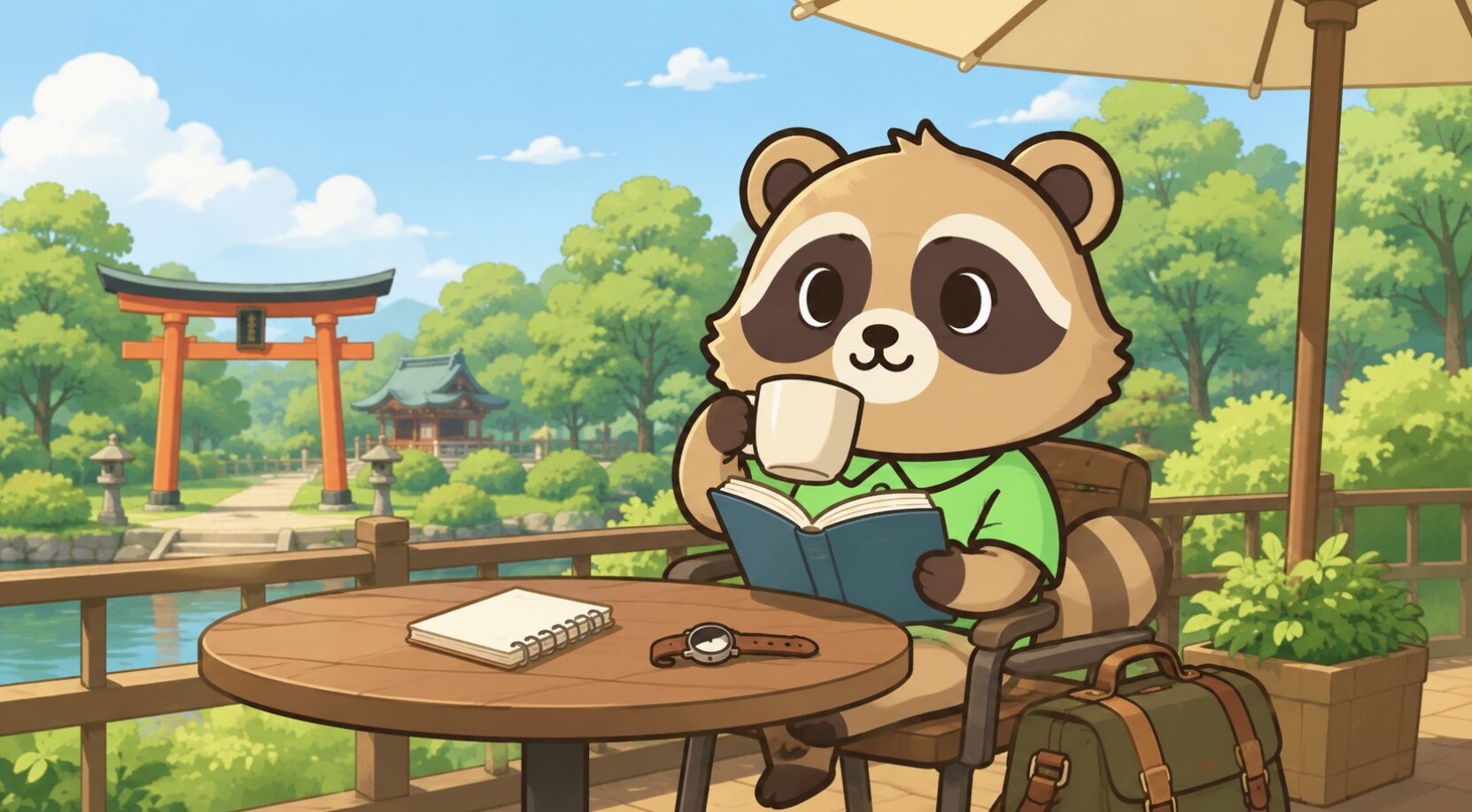 公園カフェのテラスで、たぬきが飲み物を飲みながら本を読み、日帰り旅行をゆっくり楽しんでいるイラスト