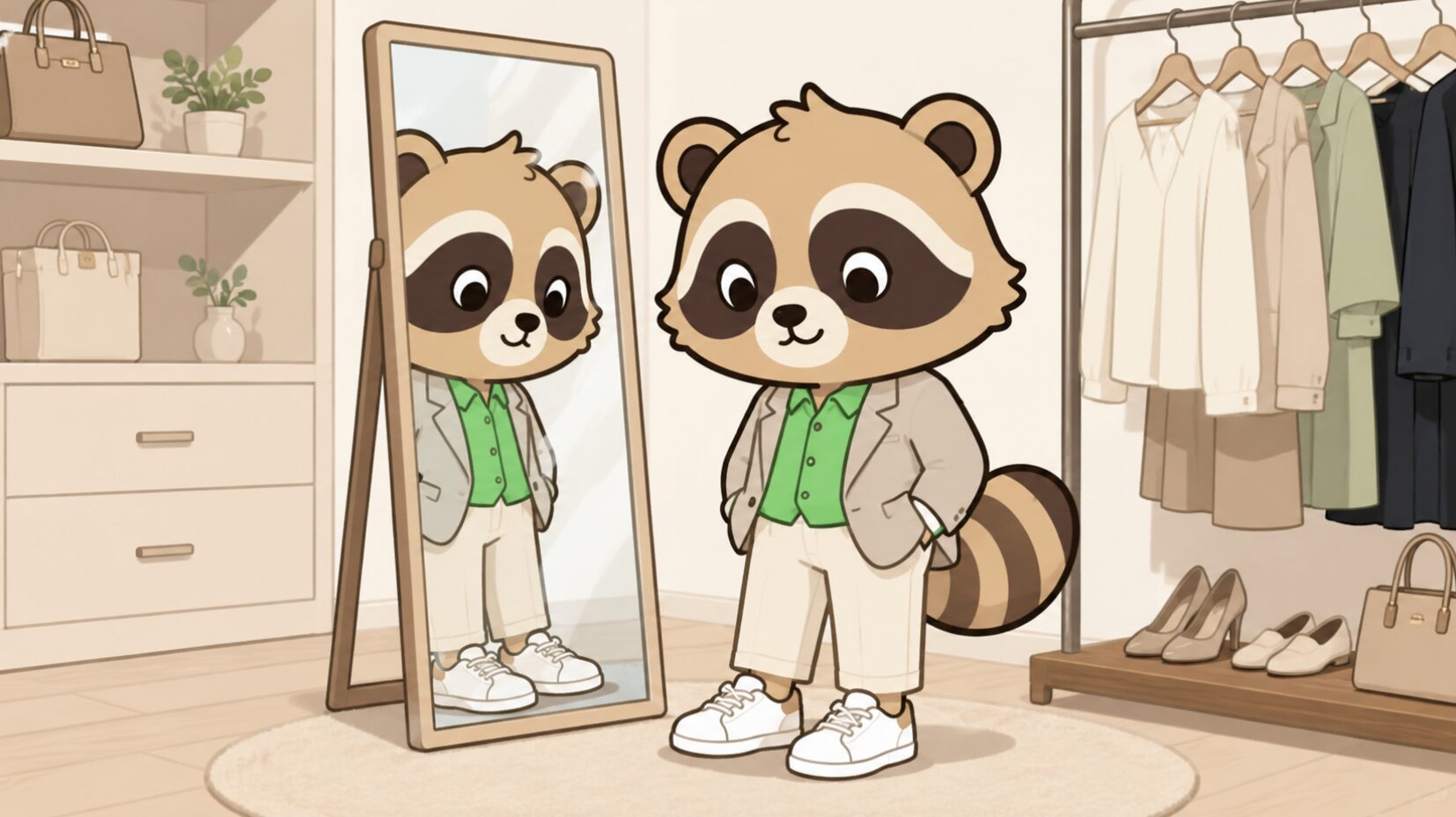 緑のシャツにジャケットときれいめパンツを合わせたかわいいたぬきが、鏡の前で白いスニーカーの足元を確認しているイラスト