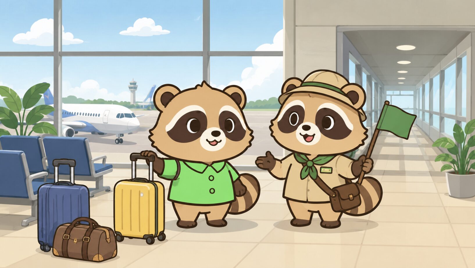 空港ロビーで緑のシャツを着たかわいいたぬきがスーツケースを持ち、添乗員風のたぬきから案内を受けているイラスト