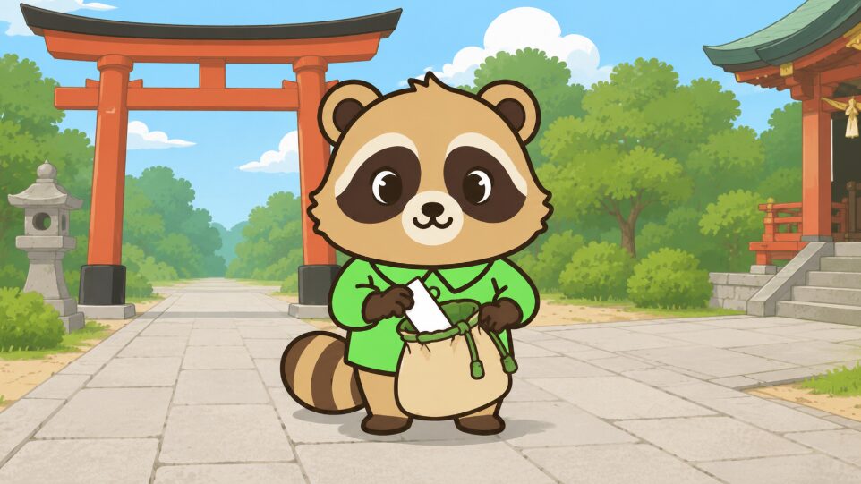 神社で引いたおみくじをバッグにしまって持ち帰るたぬきのイラスト