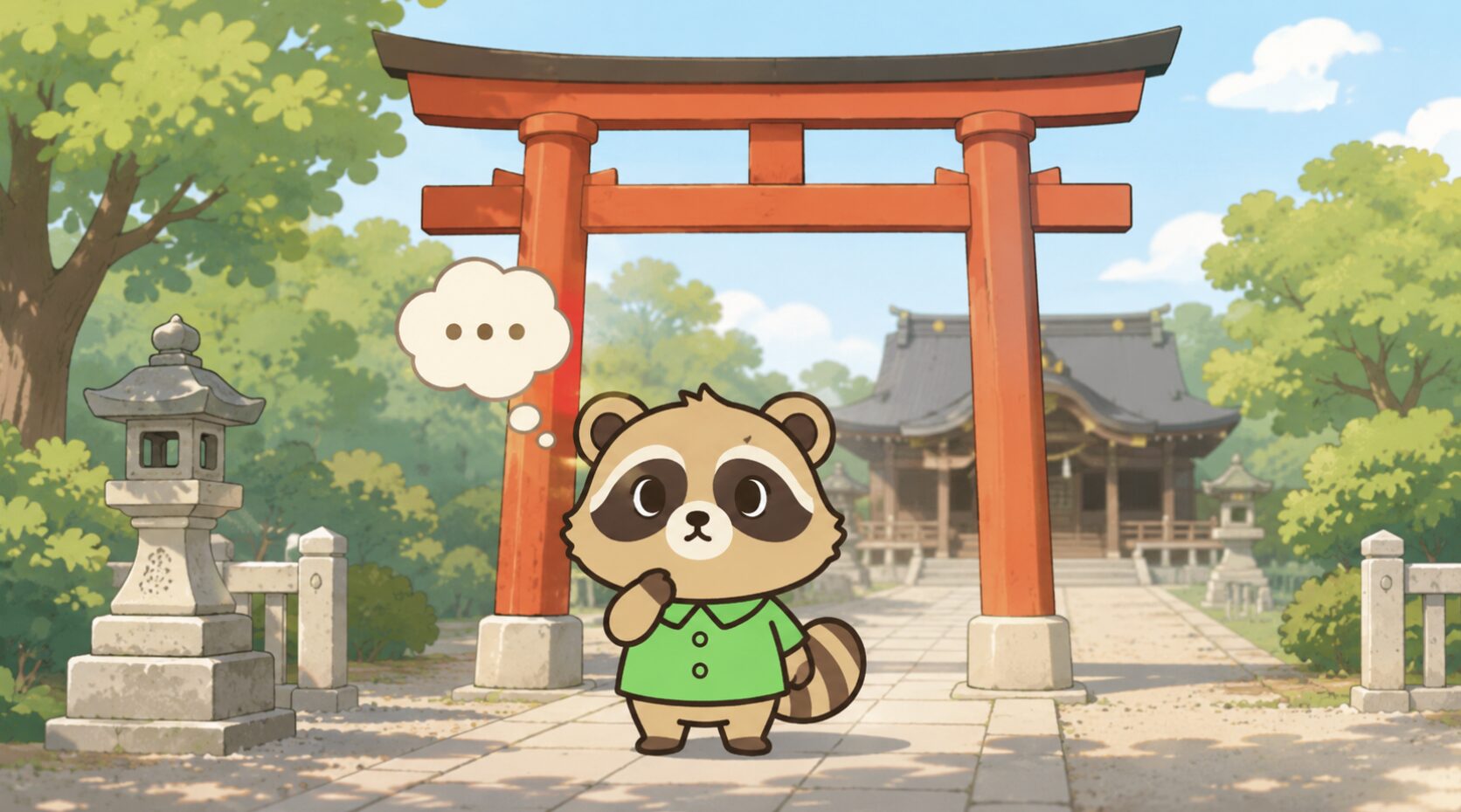 緑のシャツを着たかわいいたぬきが、神社の鳥居の前で胸に手を当てて立ち止まり、静かに考えているイラスト