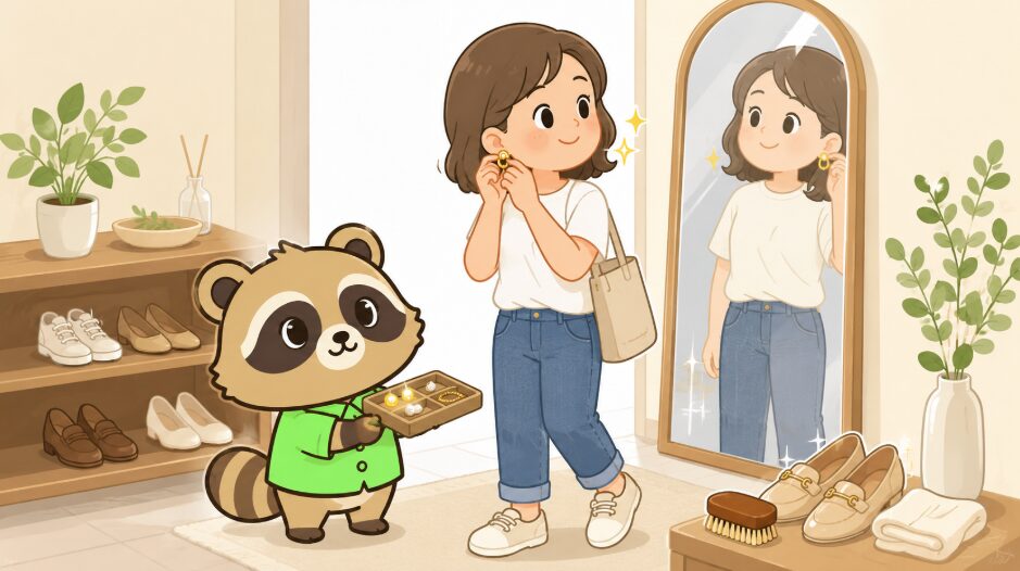 40代女性がカジュアル服にアクセサリーを合わせ、緑のシャツを着たたぬきが清潔感と艶を足す小物選びを案内しているイラスト