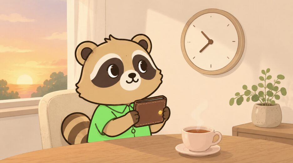 たぬきキャラクターが夕方の部屋で時計を見ながら新しい財布を使い始めようとしているイラスト
