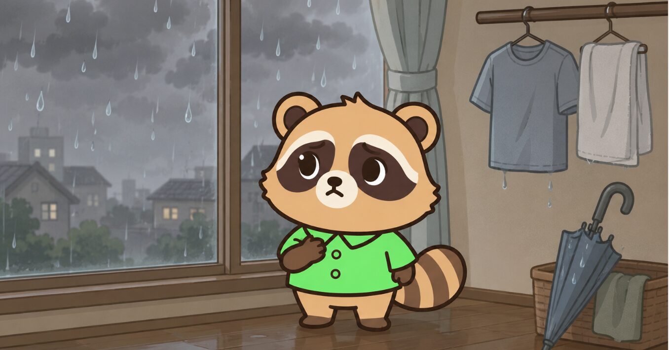 雨の降る窓辺で、緑のシャツを着たたぬきが胸に手を当て、室内干しの洗濯物や濡れた傘に囲まれて不安そうに外を見ているイラスト