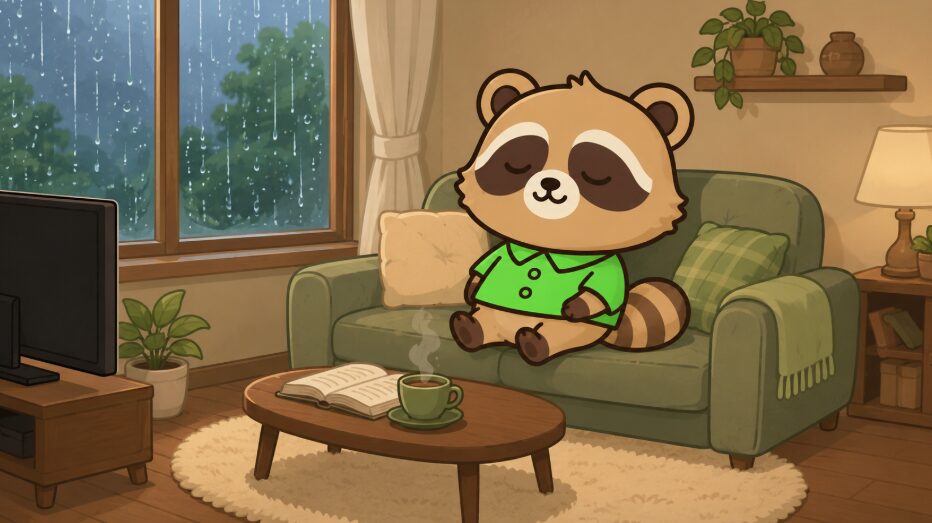 雨の日のリビングで、緑のシャツを着たたぬきがソファに座り、目を閉じて雨音を聞きながらくつろいでいるイラスト