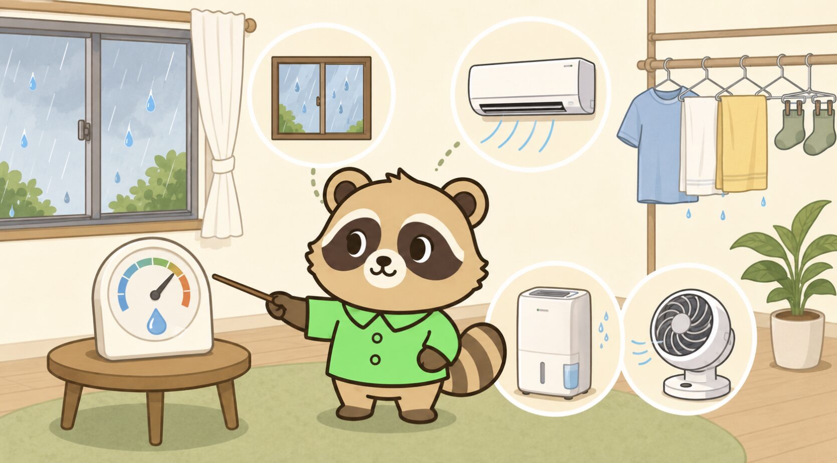 梅雨のリビングで、緑のシャツを着たかわいいたぬきが湿度計を指し、エアコンや除湿機、サーキュレーター、室内干しを確認しているイラスト