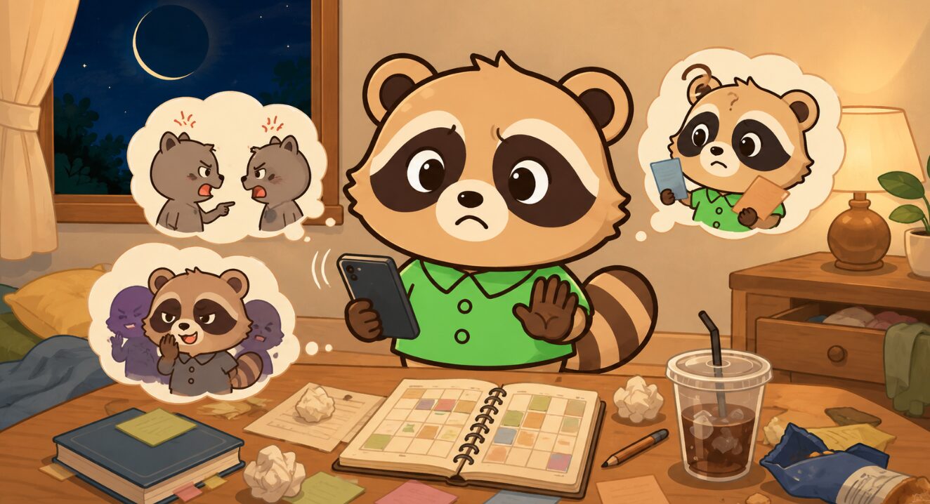 散らかった机の前で、たぬきがスマートフォンや予定メモを見て困っているイラスト
