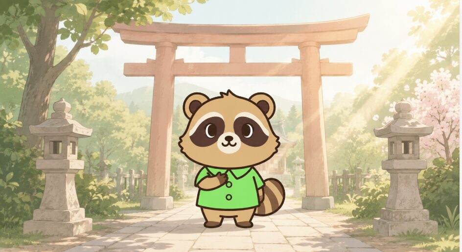 朝の神社の鳥居前で緑のシャツを着たたぬきキャラクターが胸に手を当てて感謝しているイラスト