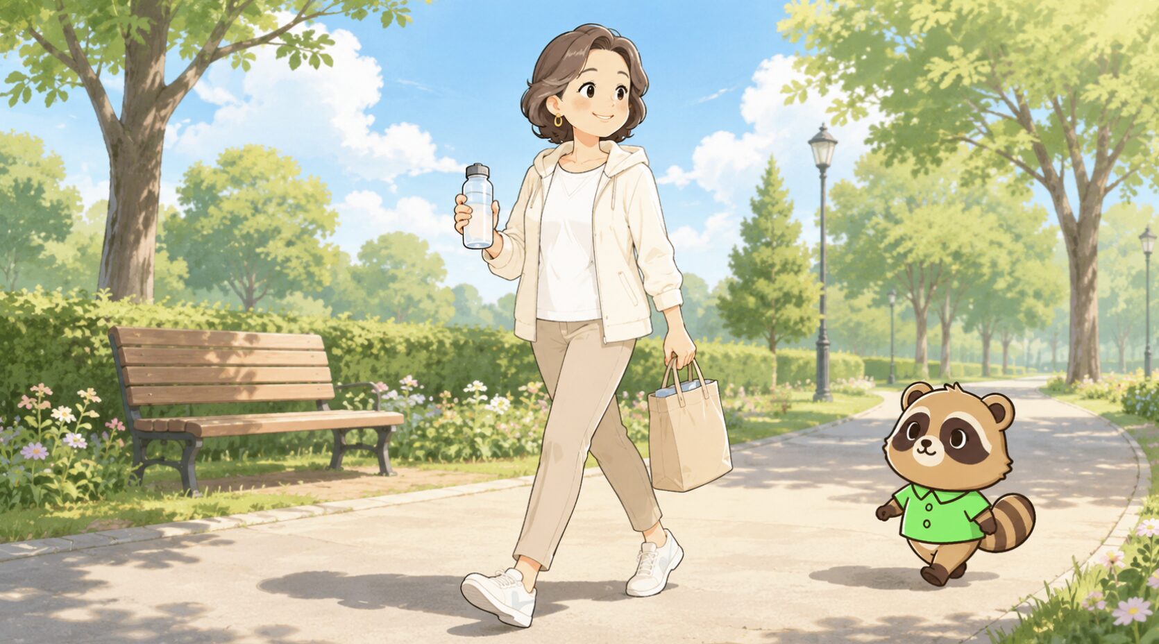 50代女性が水筒と買い物バッグを持って公園の遊歩道を軽やかに歩き、たぬきの案内役が一緒に歩いているイラスト