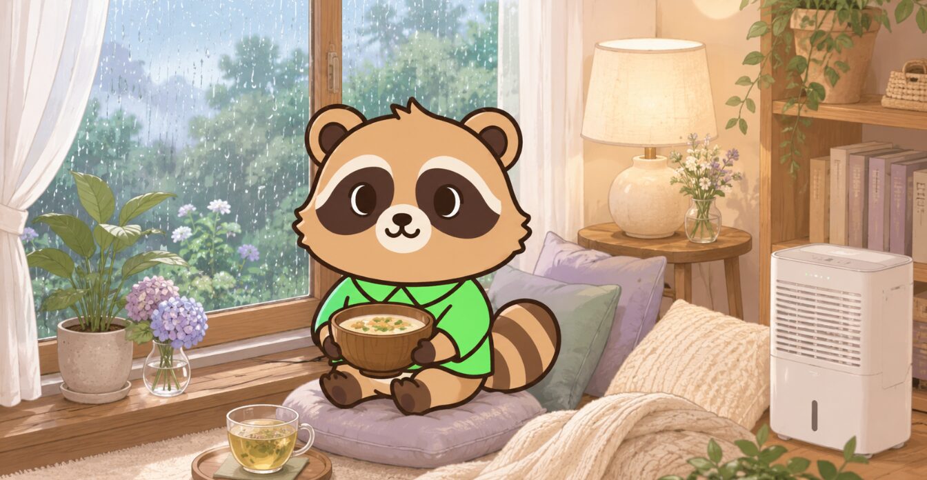 雨の日の部屋で、たぬきがソファで温かい飲み物を持ち、ゆっくり休んでいるイラスト