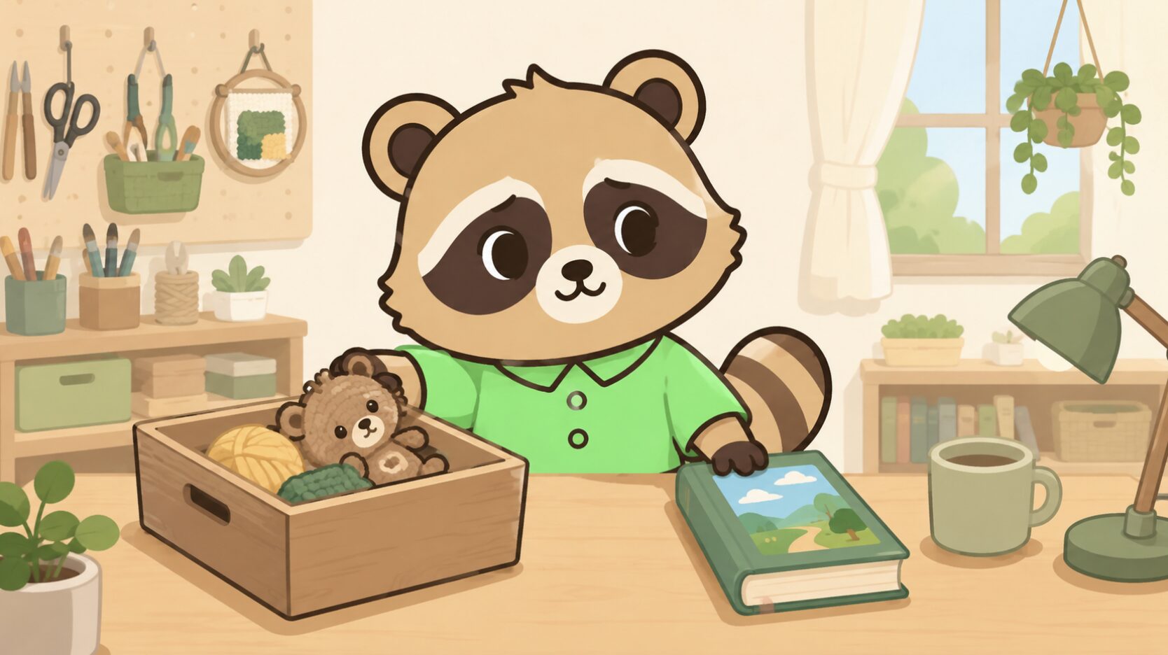 緑のシャツを着たかわいいたぬきキャラクターが、少し困った表情で途中までの手芸作品を箱にしまい、代わりに本を手に取って無理に続けない選択をしているイラスト