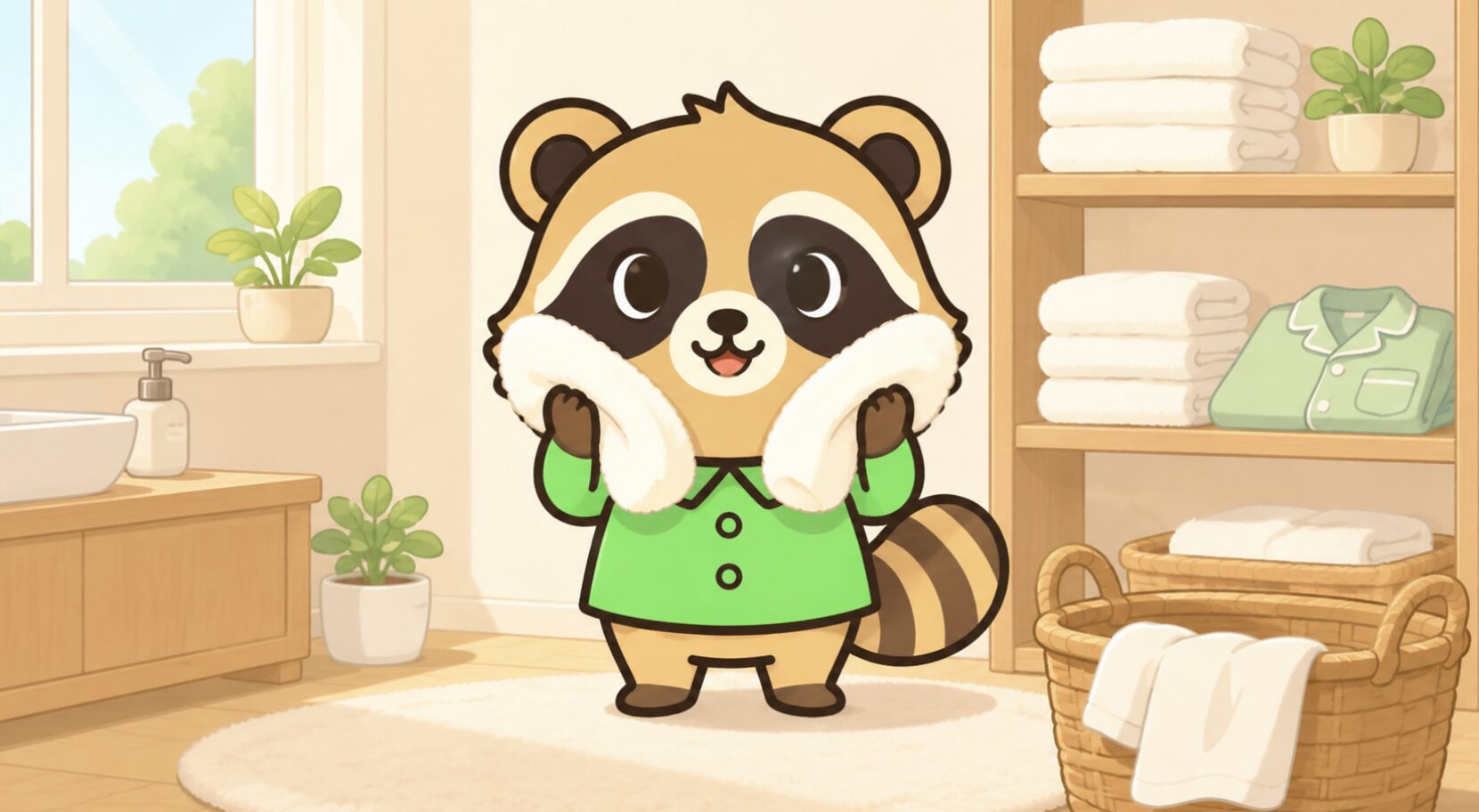 緑のシャツを着たたぬきが、明るい脱衣所でふわふわの白いタオルを顔にあてて嬉しそうにしているイラスト