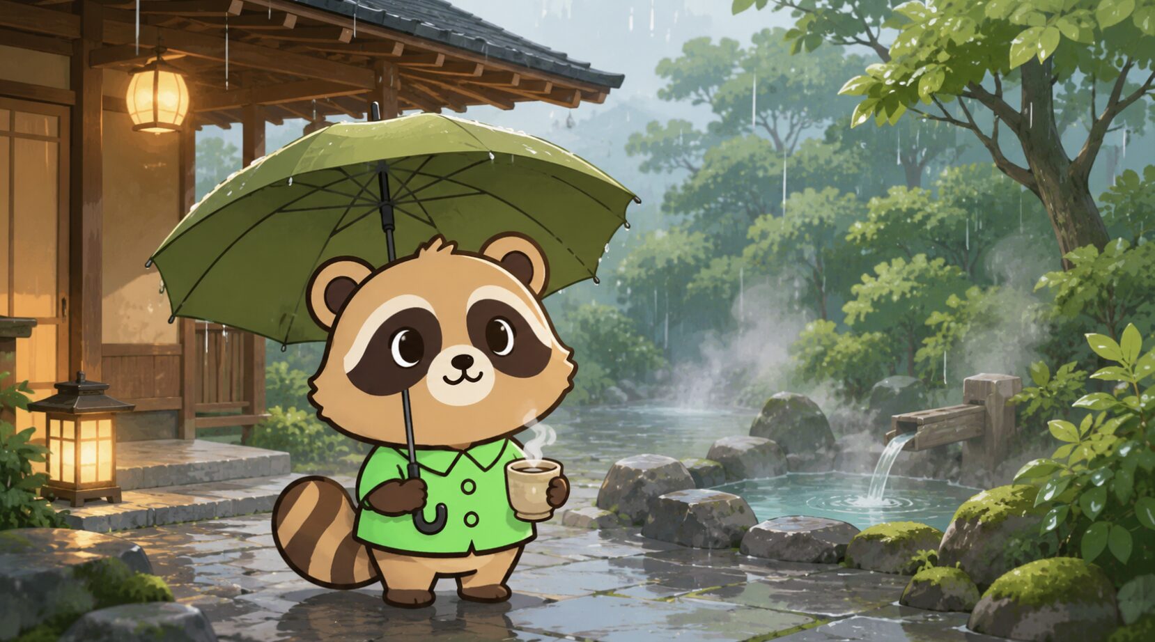 雨の温泉旅館前で、たぬきが傘を差しながら温かいお茶を持ち、濡れた庭を眺めているイラスト