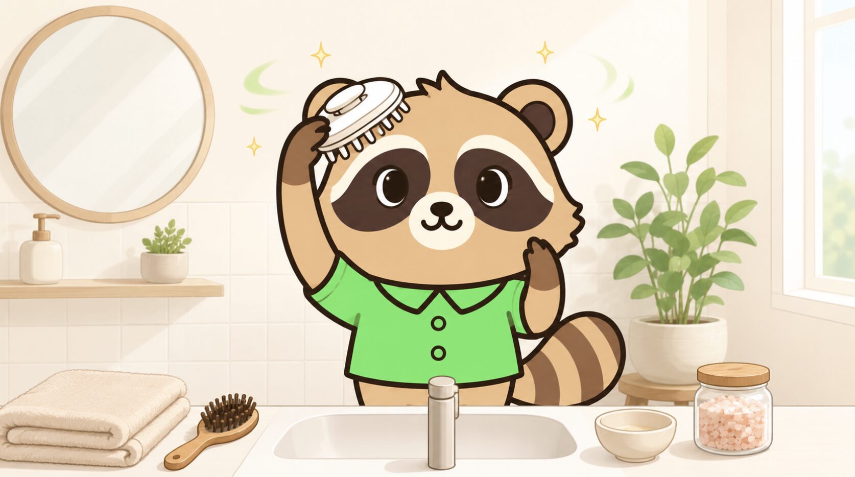 緑のシャツを着たたぬきが、明るい洗面所でヘッドスパブラシを使って頭皮をほぐしているイラスト
