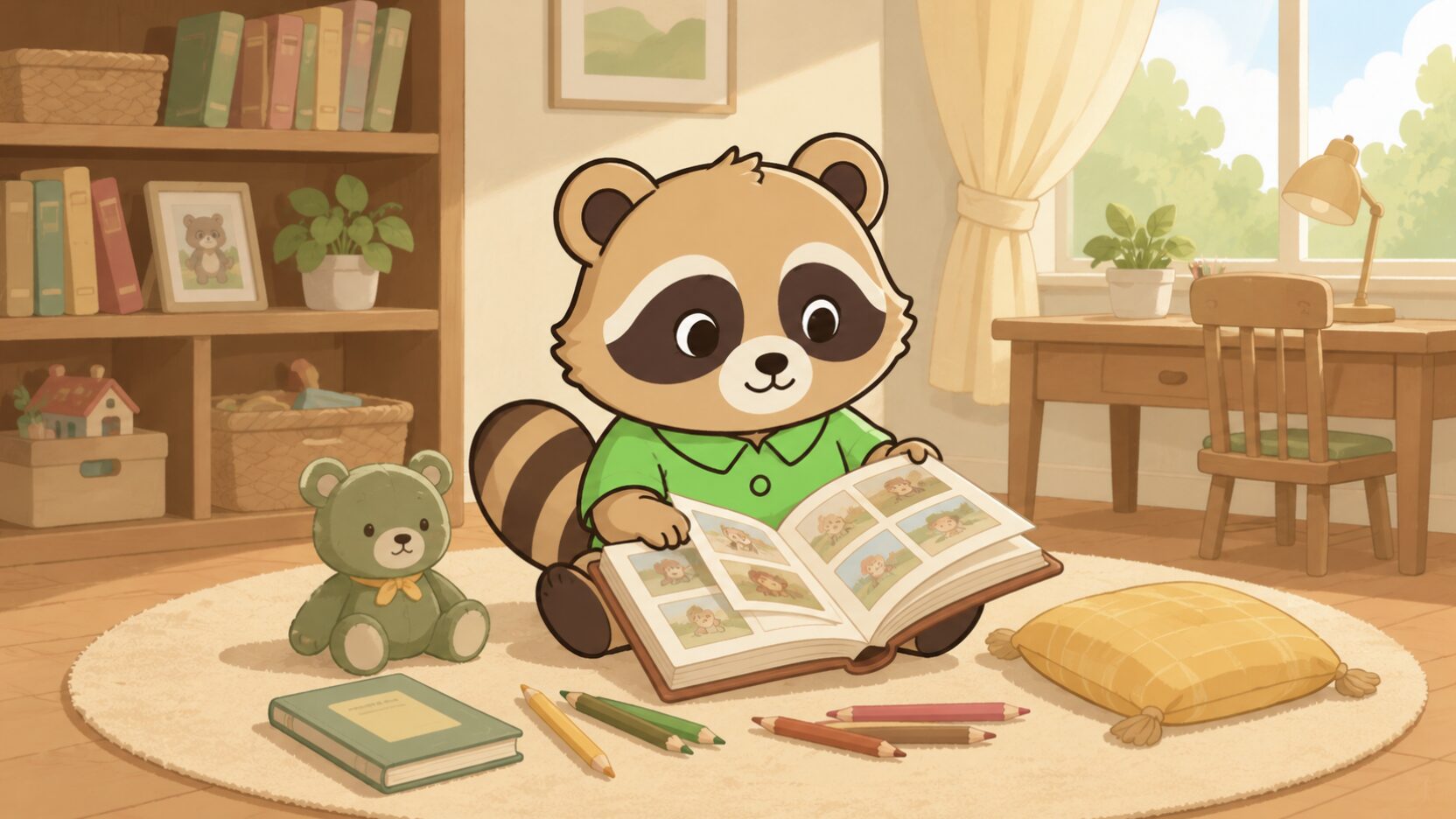 緑のシャツを着たかわいいたぬきキャラクターが床に座ってアルバムを眺め、色鉛筆や本、ぬいぐるみに囲まれながら昔好きだったことを思い出しているイラスト