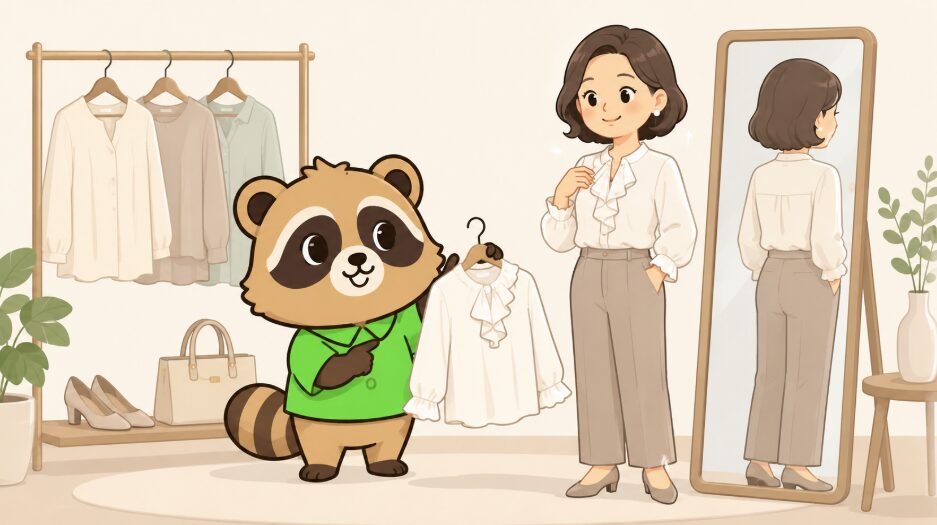 40代女性がフリルブラウスとシンプルなパンツを合わせ、緑のシャツを着たたぬきが一点だけ甘さを足す着こなしを案内しているイラスト