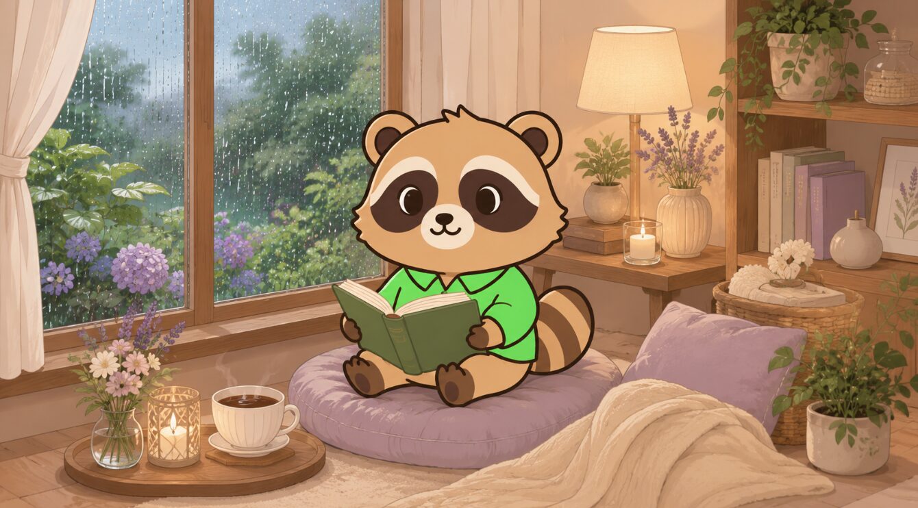 雨の窓辺で、たぬきが本を読みながら静かにくつろぐおこもり時間のイラスト