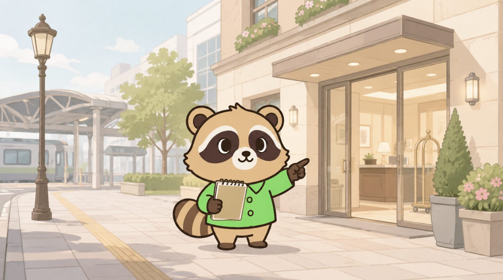 駅近くの明るいホテルの前で、緑のシャツを着たかわいいたぬきがノートを持って宿泊先を確認しているイラスト
