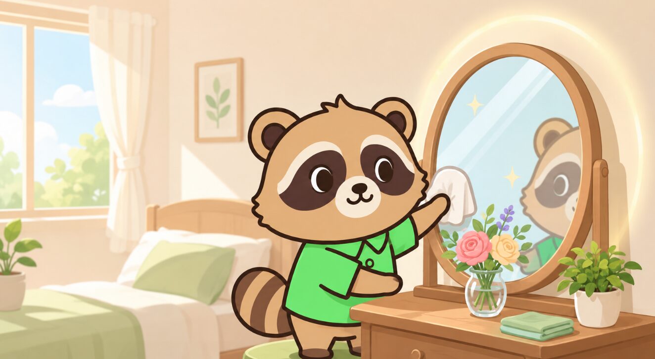 たぬきが明るい寝室でドレッサーの鏡を磨き花や植物を整えているイラスト