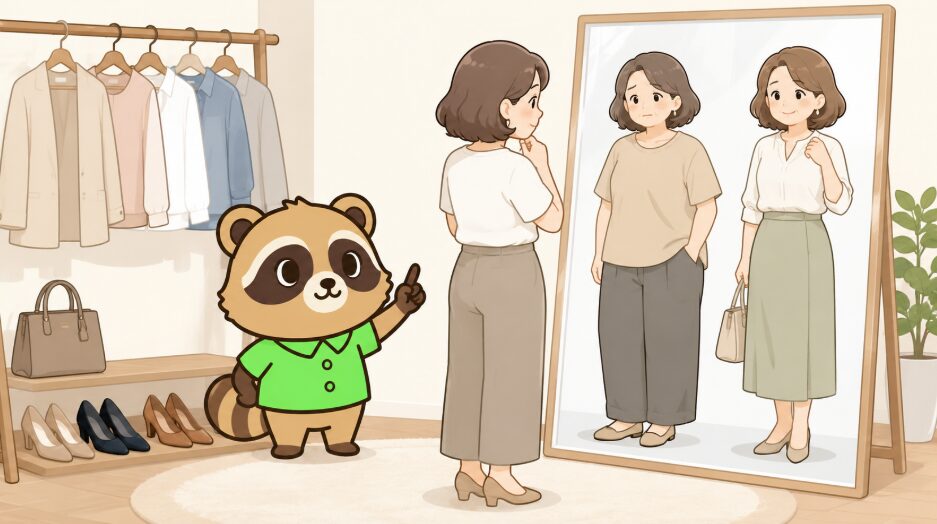 40代女性が全身鏡の前で服を見比べ、緑のシャツを着たたぬきが服選びのポイントを案内しているイラスト