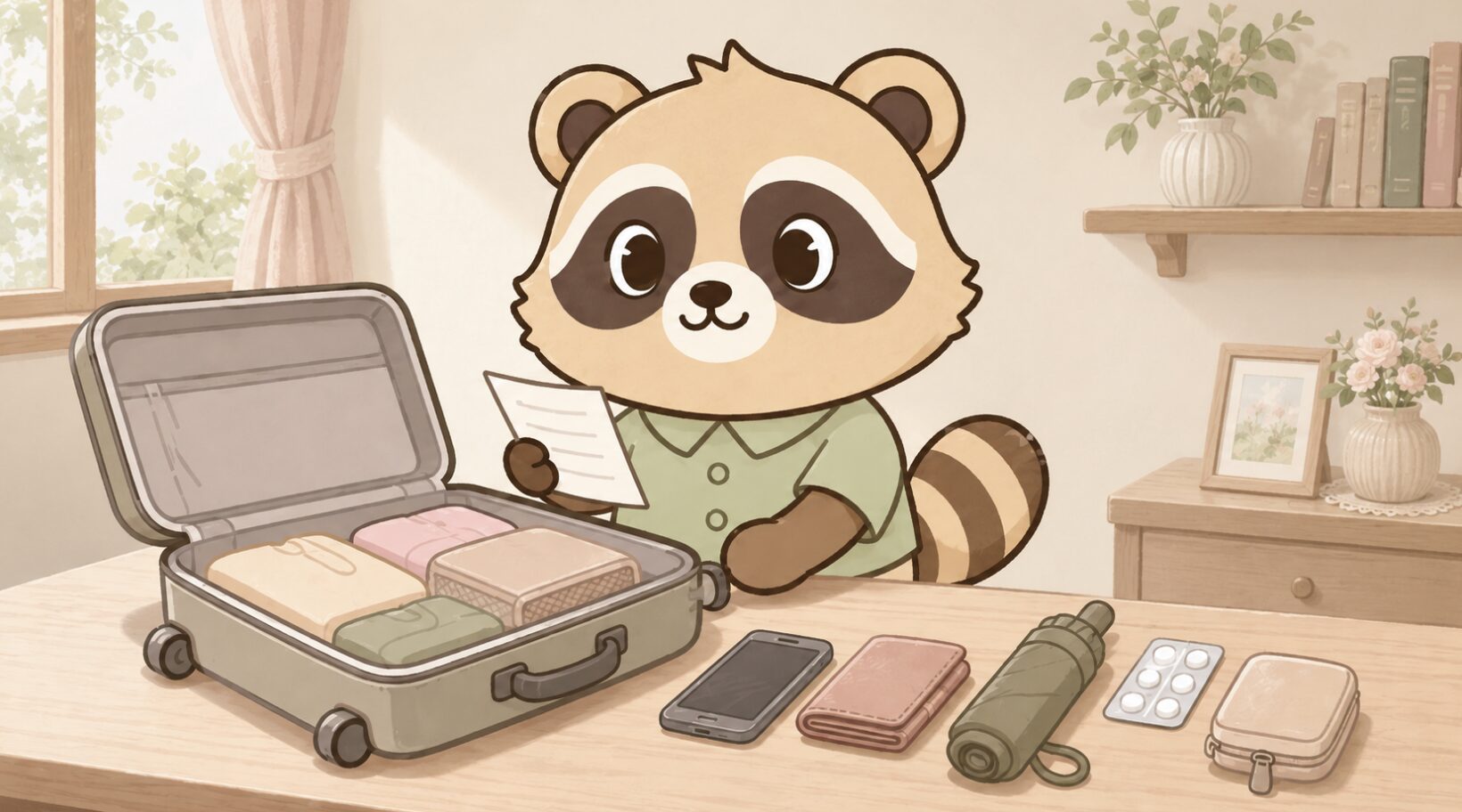 出発前の部屋で緑のシャツを着たかわいいたぬきが、スーツケースと持ち物リストを確認しながら一人旅の準備をしているイラスト