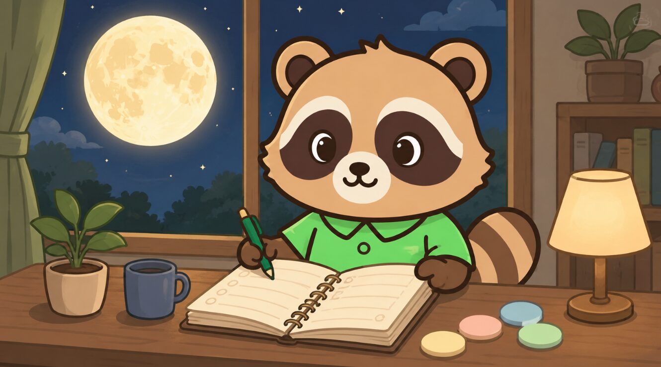 満月が見える夜の部屋で、緑のシャツを着たたぬきがノートを開き、書いた願い事を穏やかに振り返っているイラスト