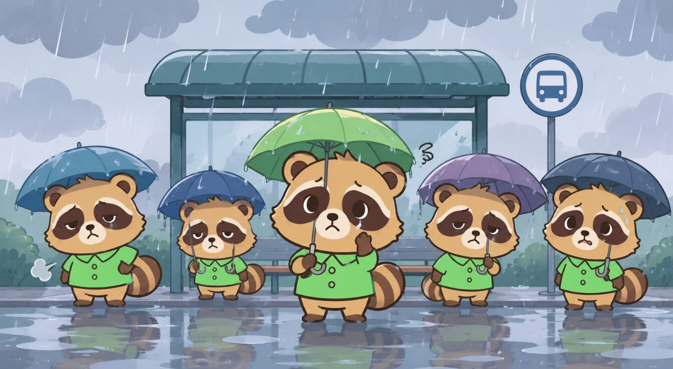 雨のバス停で、緑のシャツを着た複数のたぬきが傘を差しながら、濡れた道路と水たまりの中で困った表情をしているイラスト