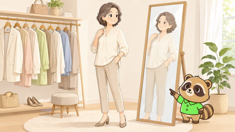 50代女性がゆったりしたトップスとすっきりしたパンツを合わせ、鏡の前で軽やかな着こなしを確認しているイラスト