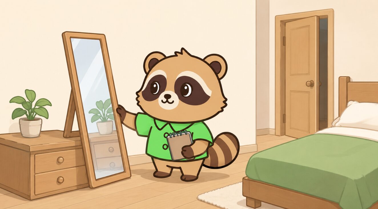たぬきがノートを持ちながら寝室のドレッサーの鏡の角度を確認しているイラスト
