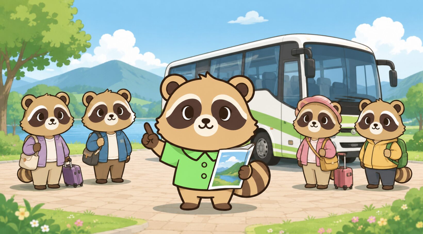 観光バスの前で緑のシャツを着たかわいいたぬきがパンフレットを持って説明し、ほかのたぬきたちが旅行バッグを持って集まっているイラスト