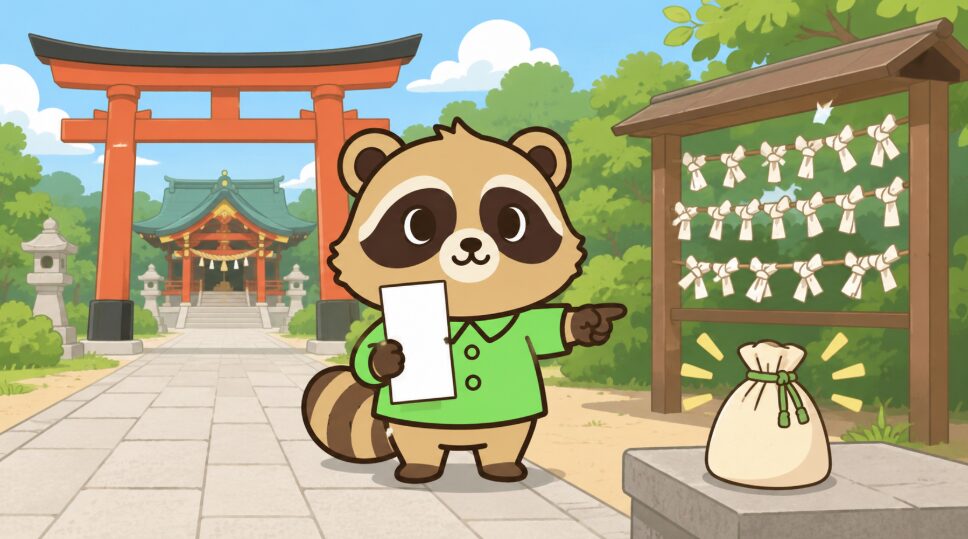 神社でおみくじを持ち帰るか結ぶか迷うたぬきのイラスト