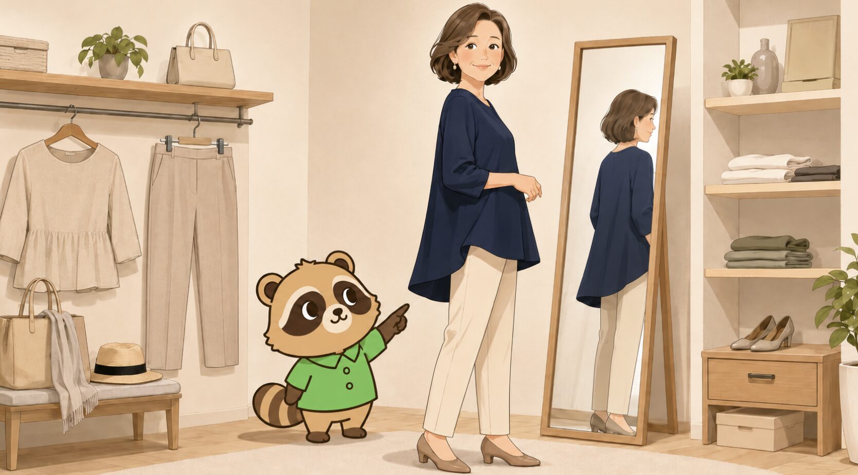試着室でアラフィフ女性が前後差のあるゆったりトップスを着て、たぬきキャラクターがお腹まわりを拾わないシルエットを指さしているイラスト