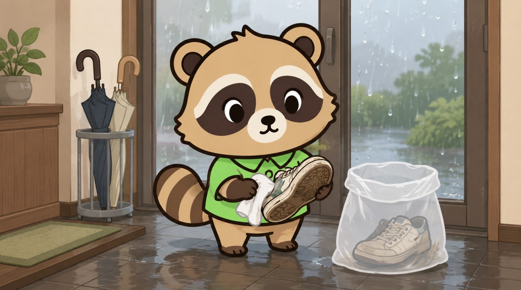 雨の日の玄関で、緑のシャツを着たかわいいたぬきが古いスニーカーの靴底を布で拭き、半透明のゴミ袋のそばで手放す準備をしているイラスト