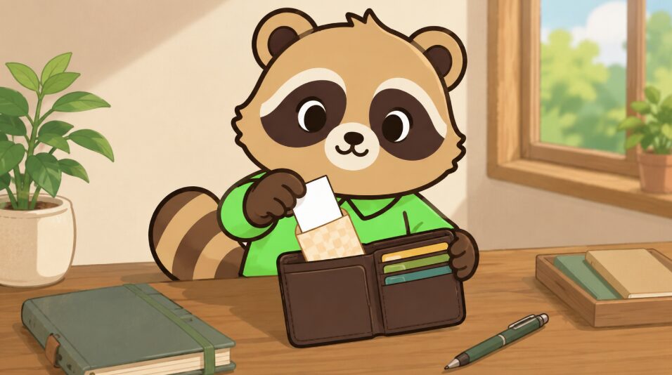 おみくじを和紙の封筒に入れて財布で持ち歩くたぬきのイラスト