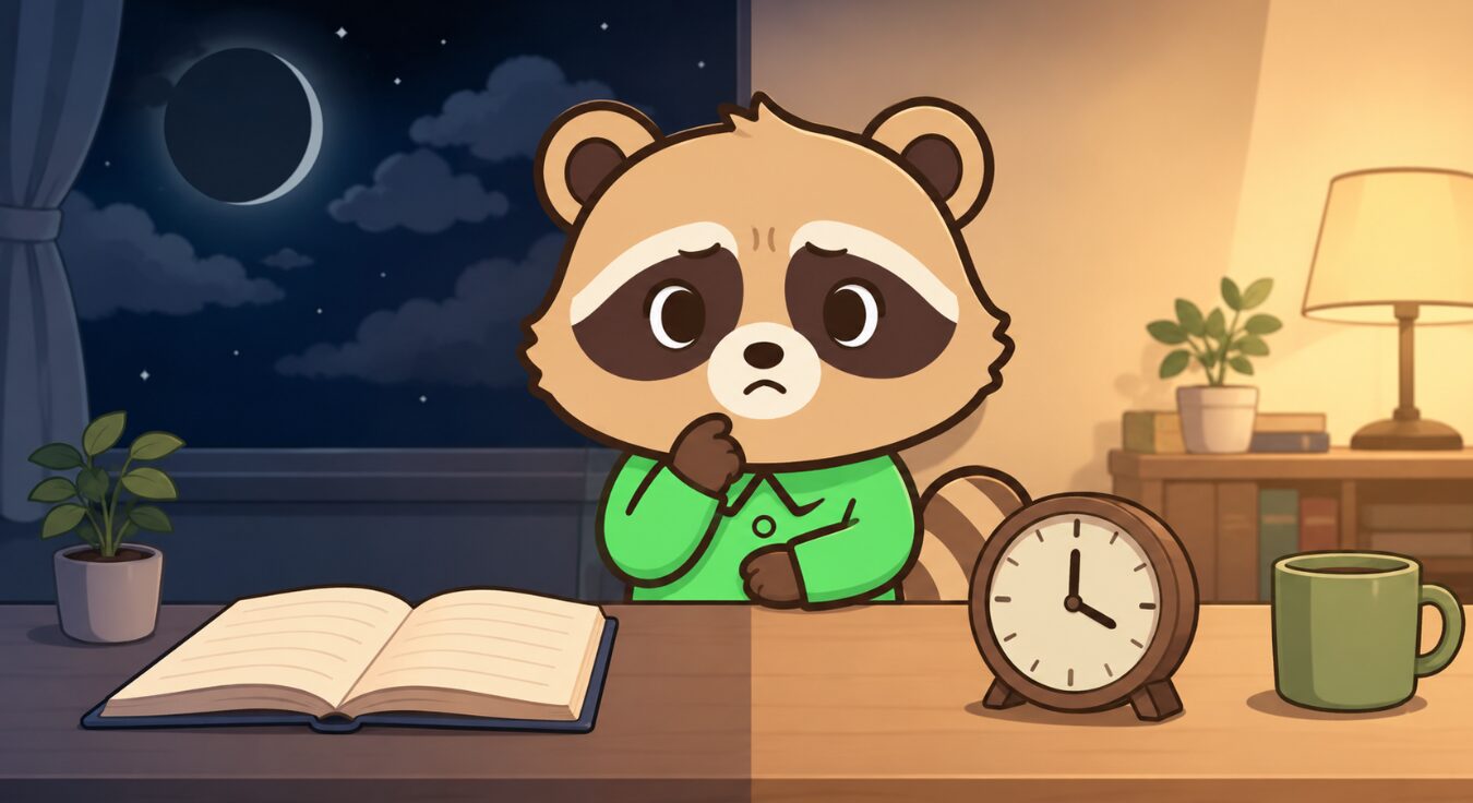 夜の部屋で、緑のシャツを着たたぬきが時計とノートを前に少し困った表情で書くタイミングを考えているイラスト