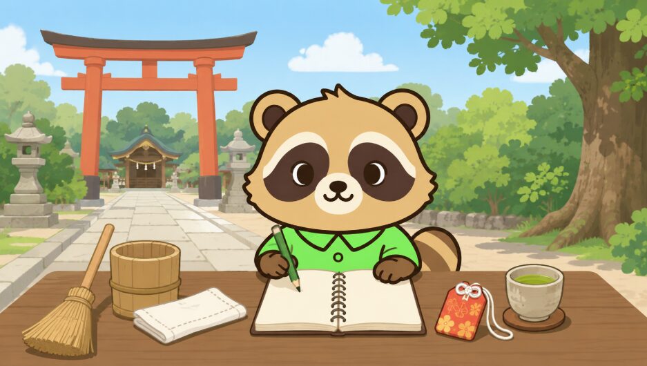 神社の境内で、緑のシャツを着たたぬきが手帳を確認し、掃除道具やお守り、温かいお茶を前に厄年の過ごし方を整えているイラスト