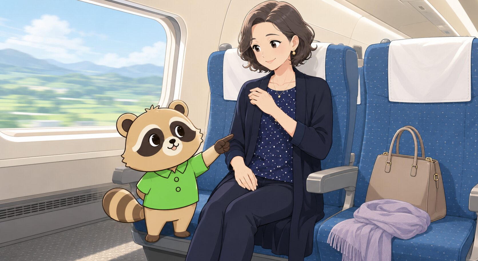新幹線の車内で、ネイビーのロングカーディガンを羽織ったアラフィフ女性をたぬきが紹介しているイラスト