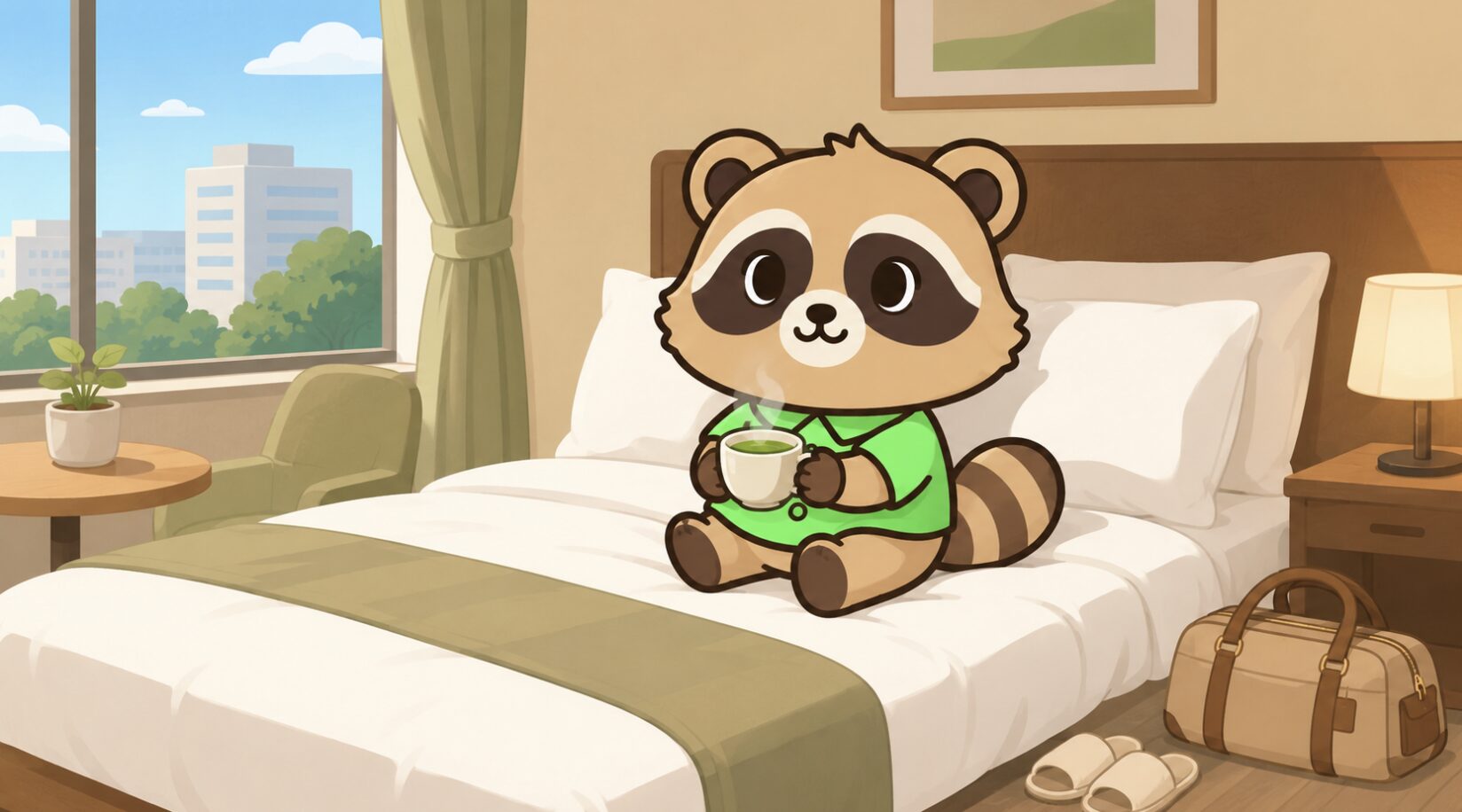 ホテルの客室でかわいいたぬきがベッドに座り、温かいお茶を飲みながらリラックスしているイラスト